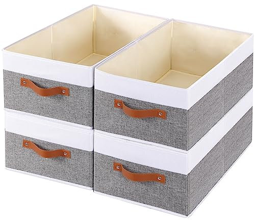 YheenLf 4 Stück Faltbare aufbewahrungsbox, Stoffboxen Aufbewahrung mit Griffen, Schrank Organizer, Aufbewahrungskorb für Kleidung, 33×23×14cm, Weiß und Grau