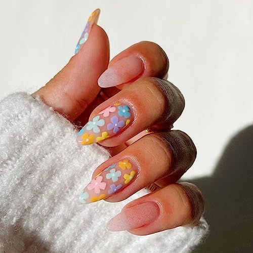 24 Stück Mandel Falsche Nägel Mittel, Farbige Blumen French Kunstnägel Nägel Zum Aufkleben Acryl Full Cover Künstliche Fingernägel, Almond Stiletto Press on Nails für Frauen und Mädchen