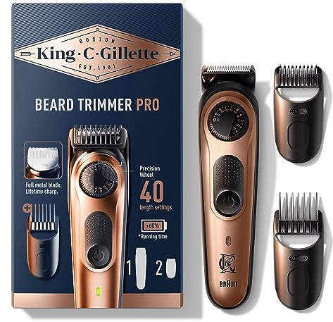 King C. Gillette Beard Trimmer PRO for Men, Electric Razor with Precision Wheel, 40 Length Settings, Lifetime Sharp Blades, 80-Min Runtime, Washable Grooming Kit