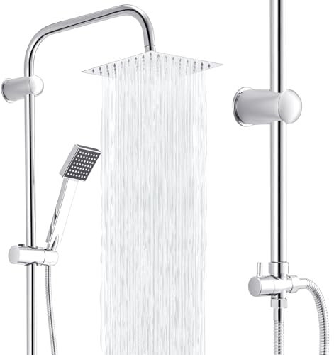 Trintion Shower Set Mixer Shower Set with Overhead Rain Shower Mixer Wall Mounted Adjustable Temperature Twin Head Shower System (8 Inches Square)
