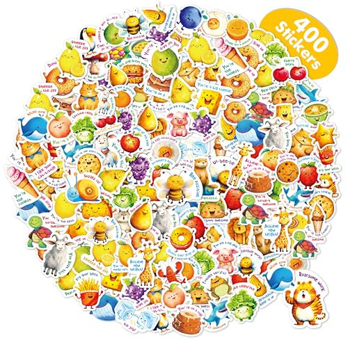 400 PCS Cute Stickers, 100 Designs Funny Reward Stickers Vinyl Water/Tear Proof Removable Stickers Adorable Animal Fruit Punny Words for Bottles Laptop Scrapbook Skateboard Kids Students