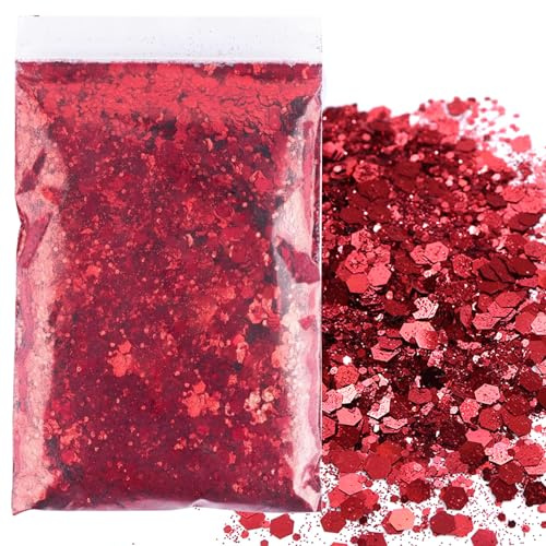 50g Rot Farben Pailletten Glitzer Set,Gemischte Grobe Feine Flocken Craft | für Epoxidharz Haare Nagelkunst Gesicht Gesicht Augen Festival Make-up,Vier Größen (0,2 mm,1 mm,2 mm,3 mm)