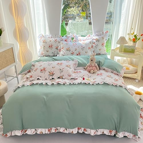 GETIYA Elegant Blumen Bettwäsche 135x200 Grün Bettwäsche mit Weiß Rüschen Damen Mädchen Bettwaesche Floral Muster Mikrofaser Bettbezug Blumen Muster Einzelbett Deckenbezug mit 1 Kissenbezug 80x80