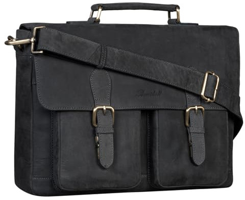Benthill Aktentasche Leder Laptoptasche - Ledertasche für Damen und Herren Gross - Briefcase - Umhängetasche aus echtem Leder - Große Schultertasche für Laptop, Farbe:Black (H)