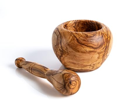 Darido Set mortier en bois d'olivier - 12x11 cm - Fait à la main, Respectueux de l'Environnement et Robuste, Mortier de Cuisine, Durable pour Herbes et Epices, Decoration Rustique Cuisine, Presse-ail