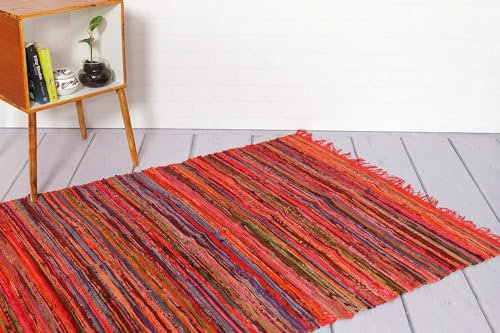Chindi Flickenteppich, handgefertigt, Baumwolle, gefärbt, mehrfarbig, Raumdekoration, Yoga-Matte, Heimdekoration, recycelter Teppich, 1,5 x 0,9 m, Rot