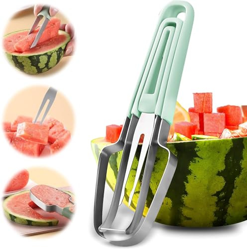 HiGropcore 3-in-1 Watermelon Fork Slicer Cutter Stainless Steel Watermelon Popsicle Cutter Portable Melon Cutter and Fruit Forks Summer Watermelon Cube Cutting Tool for Kitchen Gadget Camping