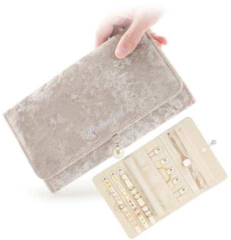 HOMEHIVE Reise-Samt-Schmuck-Organizer, faltbar, verhedderungsfrei, für Halsketten, Ohrringe, Ringe, Armbänder, Uhren, Champagner-Gold