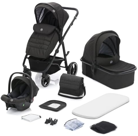 Fillikid 4-1 Juego de cochecito combinado Fill Jaguar con asiento deportivo, capazo con colchón, capazo, bolso cambiador con cambiador, adaptador y protector de lluvia, gris oscuro