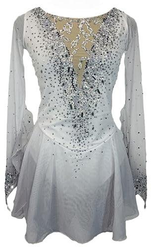 YDHTIZ Professionelles Eiskunstlauf Wettkampf Kleid Für Mädchen Eislauf Kostüme Für Damen Verlaufsfarbe Activewear Trikot Für Rhythmische Gymnastik Weißes Patchwork Daumenloch,Weiß,XXL