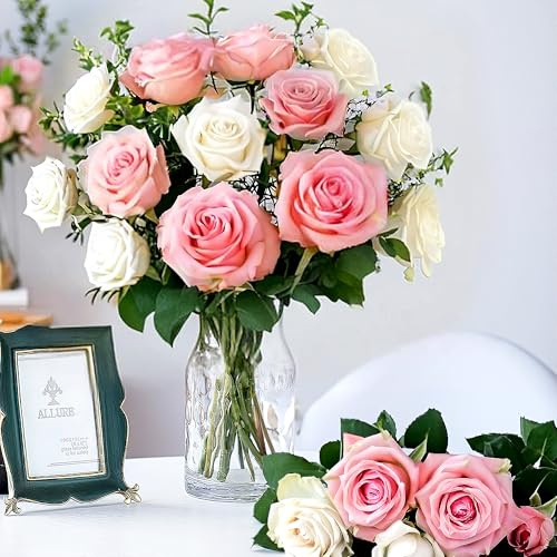Pyopbow Künstliche Rosen mit langen Stielen – realistische Seidenblumen, künstlicher Rosenstrauß für Muttertag, Heimdekoration, Brauthochzeit, Party, Kunstrosen, Weiß, Rosa, 20 Stück