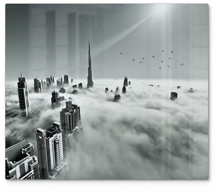 DEQORI Herdabdeckplatte Glas | einteilig 60x52 cm | Motiv Himmel über Dubai | Ceranfeld Abdeckplatte für Küche | Herd-Abdeckung universal | Glasplatte & Schneidebrett für Kochplatten