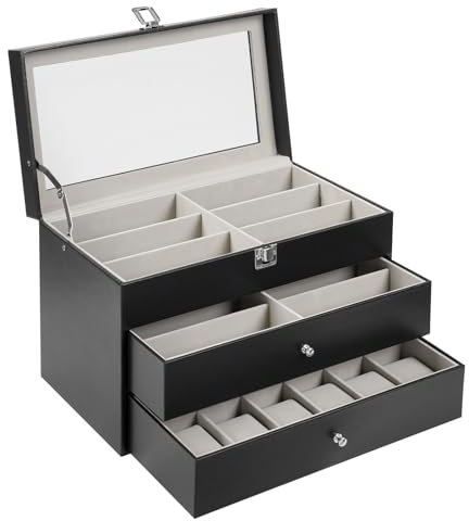 Ecoggeder Uhren- und Brillenbox 12 Brillen und 12 Uhren mit Großem Glasdeckel 2 Ebenen Schmuck Uhren Brillenbox für Geschäften, Häusern Aufbewahrung und Anzeige