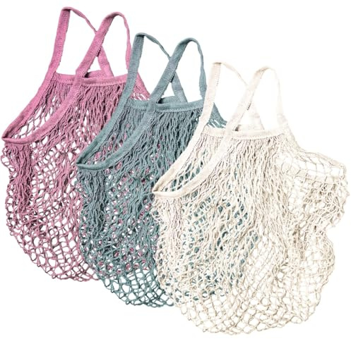 Grocery Mesh Bags 3 Pack Portable Reusable Washable, Organic Cotton String Shopping Bags Produce Net Tote Bags, Shopping Handbag for Fruit Vegetables for Zero Waste & Eco Friendly Sustainable Living