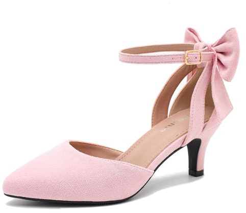 fereshte Women's Wedding Evening Party Bow Kitten Heels Pumps Ankle Strap Buckle Dress Shoes, Pink, 7 UK