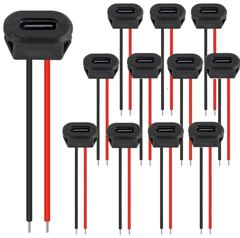 RUNCCI-YUN 12 Stücke USB C Buchse 5V 3A 2 Polige mit Schnappnut Schnalle, 2-Draht USB C löten einbaubuchse mit PD Funktion,100mm 24 AWG Drähten, Schwarz