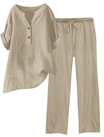 Conjunto de 2 Piezas de Lino para Mujer, Camisa y Pantalones con Botones, Casual, Holgado, para Playa, Vacaciones, Verano, Caqui, M