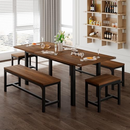 Feonase 5-Piece Dining Table Set for 4-8 People, 63 Extendable Kitchen Table with 2 Benches and 2 Square Stools, Mid-Century Modern Wooden Dining Room Table, Space-Saving, Walnut