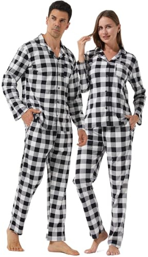 LNFINTDO Ensembles de pyjamas assortis pour couples à motifs plaid de Noël, pyjamas pour femmes et hommes avec poches, vêtements de nuit imprimés souples, vêtements de nuit avec boutonnage sur le bas