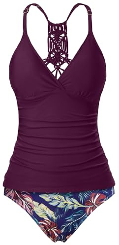 Holipick Women Purple Leaves Tummy Control Two Piece Tankini Set Swimsuit V Neck Tankini Top Bathing Suits with Bikini Bottom XL(US 16)
