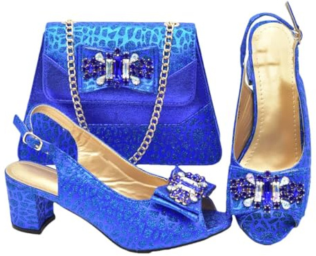 Décolleté da donna con punta aperta con strass e borsa abbinata, set per abiti da sposa e feste di nozze, Blu, 43 EU