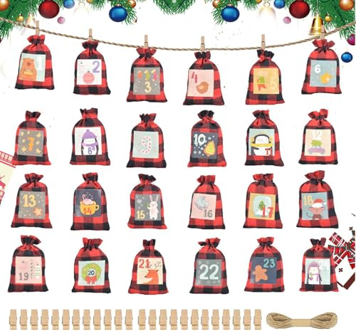 Weldphur Jutebeutel für Weihnachten, leuchtet im Dunkeln, 24-Tage-Countdown-Kalender, Kordelzugbeutel, für Schokolade, Nüsse, Gummibärchen, kleine Spielzeug, Lutscher, Knallbonbons, Obstarmbänder