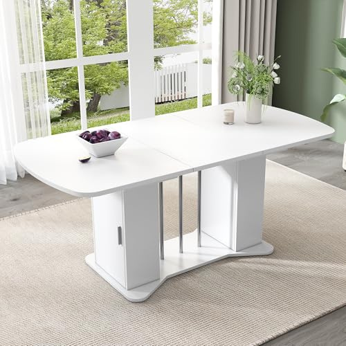 ECLIVON Esstisch Küchentisch für 4-6 Personen, Esstisch Ausziehbar 120-160 x 80 cm, Esszimmertisch Rechteckige mit Stauraum und Türen, Tisch mit Tischplatte und Metallgestell für Esszimmer, Weiß