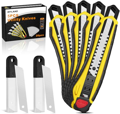 DIYLAND 5 Stück Cuttermesser Set Profi mit 20 Stück Ersatzklingen aus Carbonstahl, Teppichmesser mit Gummigriff, Universalmesser Kattermesser Metall für Schneiden zum Papier Karton Pappe Basteln
