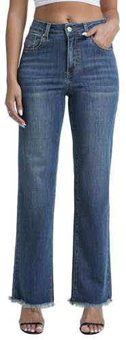 CEITAJUI Women's Jeans Straight Leg High Waisted Stretchy Raw Hem Jeans Loose Casual Denim Pants, Retro Blue Large