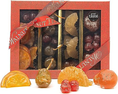 Walnut Tree Glace Fruit Box Selection with Mandarin, Pineapple, Apple, Cherry, Pear – Hand Packed – Suitable for Vegan, Vegetarian, Halal, Gluten Free Diets – Luxury Father’s Day Gift 430g Pack