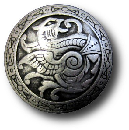 6er-Set altertümlich wirkende leicht gewölbte Metall Ösen Knöpfe mit Drachen Motiv/altsilberfarben, geschwärzt/Metallknöpfe/Ø ca. 21mm