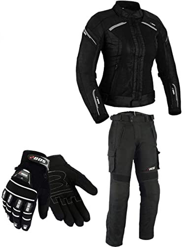 BOSmoto DAMEN MOTORRADKOMBI JACKE + HOSE + HANDSCHUHEN - BIKE MOTORRAD ROCKER TOURING in verschiedenen farben (S, Schwarz)