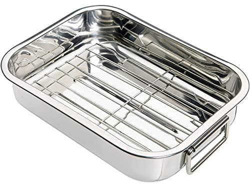 SDMAX Roasting Tin Tray, Stainless Steel Oven Roasting Tin with Rack, Folding Side Handles, Baking Roaster TIN Grill Rack, Roaster Set, Oven Grill Tray(Medium 32X24X5CM)