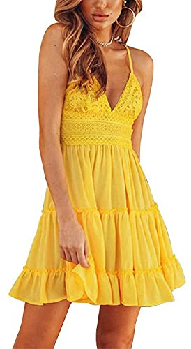 TBSCWYF Vestito da Donna con Arco Volant e Orlo Smocked Mini Abito da Spiaggia Senza Maniche Pattinatore Vestito Festa Vestiti Casual Prendisole a Canottiera in Pizzo