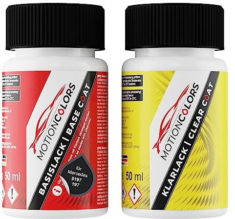MOTIONCOLORS Obsidianschwar. 9197/197 für Mercedes Lackstift +1K 2x50ml | Obsidian Black Metallic / Obsidianschwarz Metallic, Autolack, Set aus Basislack + Klarlack, Lackfläschchen je 50ml
