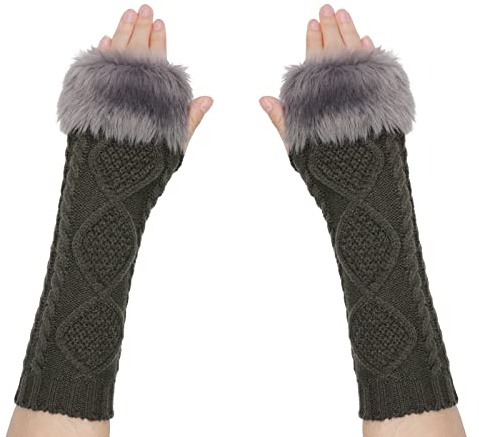 Elegants Gants en Tricoté avec Faux Lapin Fourrure Arm pour Femme Gants Sans Doigts Manchettes Longues Poignets avec Trou Mitaines Thermique d'Hiver Doux Chauffe-Mains Confort Cadeau pour Noël