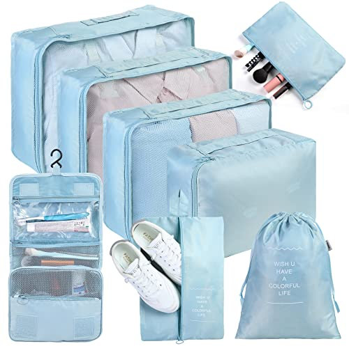 AiQInu Packwürfel Koffer Organizer Set 8-teilige, Multifunktionale Reiseorganizer Wasserdichte Packing Cubes, Kofferorganizer, Kleidertaschen für Kleidung, Schuhbeutel, Kosmetiktasche für Reisen
