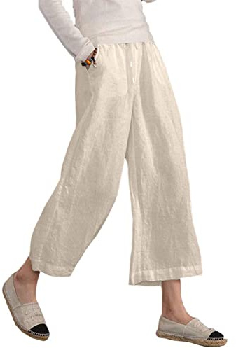 Famulily Sommer Hosen Damen Weite Leinen Baumwolle High Waist Elastische Taille leichte bequem 7/8 Palazzohose Schlafanzughose mit Taschen Kordelzug