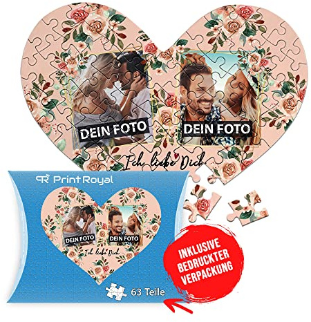 Foto-Puzzle selbst gestalten - Ich Liebe Dich - mit 2 Fotos Bedrucken - Herz-Puzzle Personalisieren - Geschenk zu Valentinstag, Jahrestag - 63 Teile inkl. Kartonverpackung