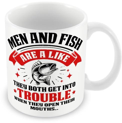 MUGGZ Mug Gift for Fisherman/Fishing Enthusiasts - Men and Fishing are A Like They Both Get Into Trouble When They Open Their Mouths – Custom Funny Coffee Mug – Unique Gift for Friends & Family