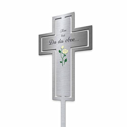 Edelstahl Grabkreuz - Grabstecker in Kreuz Form | Personalisierte Metall Grabdekoration Grabschmuck wetterfest | persönliche Friedhof Grab Deko für Grabgestecke | Trauer (Festes Design)