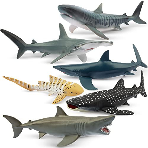 toymany 6PCS 12-14CM Realistic Shark Bath Toy Figurines, Plastic Ocean Sea Animals Figures Set Includes Whale, Tiger, Great White Shark, Cake Toppers Christmas Birthday Gift for Kids Toddlers
