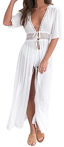 Skrsila Dam strandklänning långa pareos klänningar kimono cardigan strandkläder sommar sexig boho strandponcho bikini cover up, Vit, S
