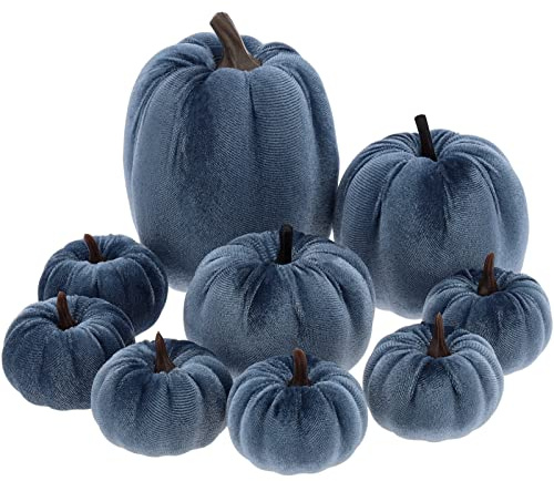 Yatinkim Blue Faux Decorative Pumpkins 9Pcs Mini Velvet Halloween Small Pumpkin Fabric Decorating Assorted Farmhouse Table Centerpiece Thanksgiving Autumn