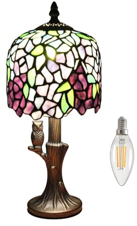 Kinbolas Tischlampe Tiffany Stil Klein,Vintage Lampe Buntglas Lampenschirme Glyzinien und Eule Basis,Nachttischlampe Jugendstil Art Deco Schlafzimmer Landhaus 20cm / 8 Zoll Mit E14 LED Birne(I-2)
