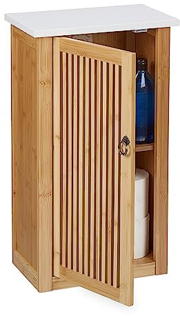 Relaxdays Mueble de Baño con Puerta, Armario de Pared con Baldas, 60 x 34,5 x 21 cm, Bambú y MDF, Natural y Blanco, Tablero de Fibras