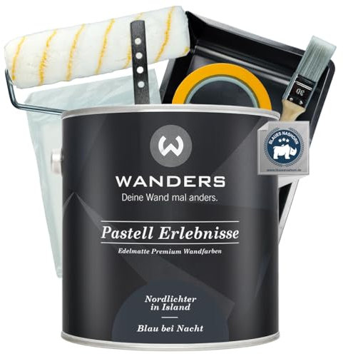 Wanders Pastell Erlebnisse Wandfarbe 2,5L (Blau bei Nacht, Schwarz) inkl. Streichset Basic – Premium Kreidefarbe, Leichte Anwendung, Hochdeckend, Ultramatt, Perfekt für Heim-DIY