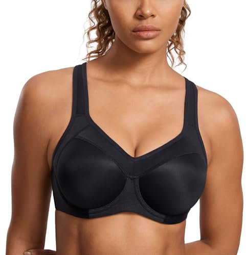 SYROKAN Women's High Impact Sports Bra Underwire Full Support Racerback Padded Running Bra Black 2 38D