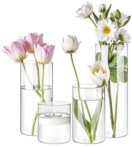 Winter Shore Vaso per centrotavola decorazione (confezione da 4) - Vaso in vetro cilindrico per matrimoni - Vaso in vetro per bouquet - Vaso in vetro piccolo trasparente per fiori