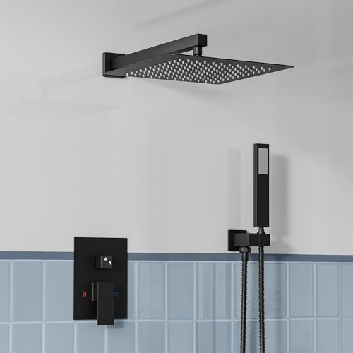 30 x 30 cm Thermostatic Shower Mixer Set, Concealed Shower System with Shower Head and Brass Shower Valve for Bathrooms, Square Stainless Steel Rainfall Shower Panel and Handheld Spray